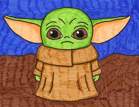 Baby Yoda Directed Drawing. Black and white line drawing of Baby Yoda. 